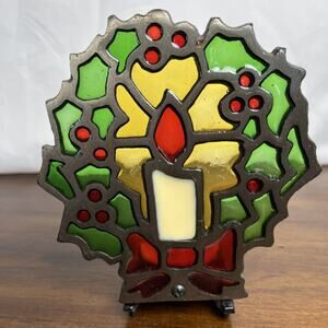 Vintage Stained Glass & Cast-Iron Christmas Tea Light Candle Holder Holiday Core